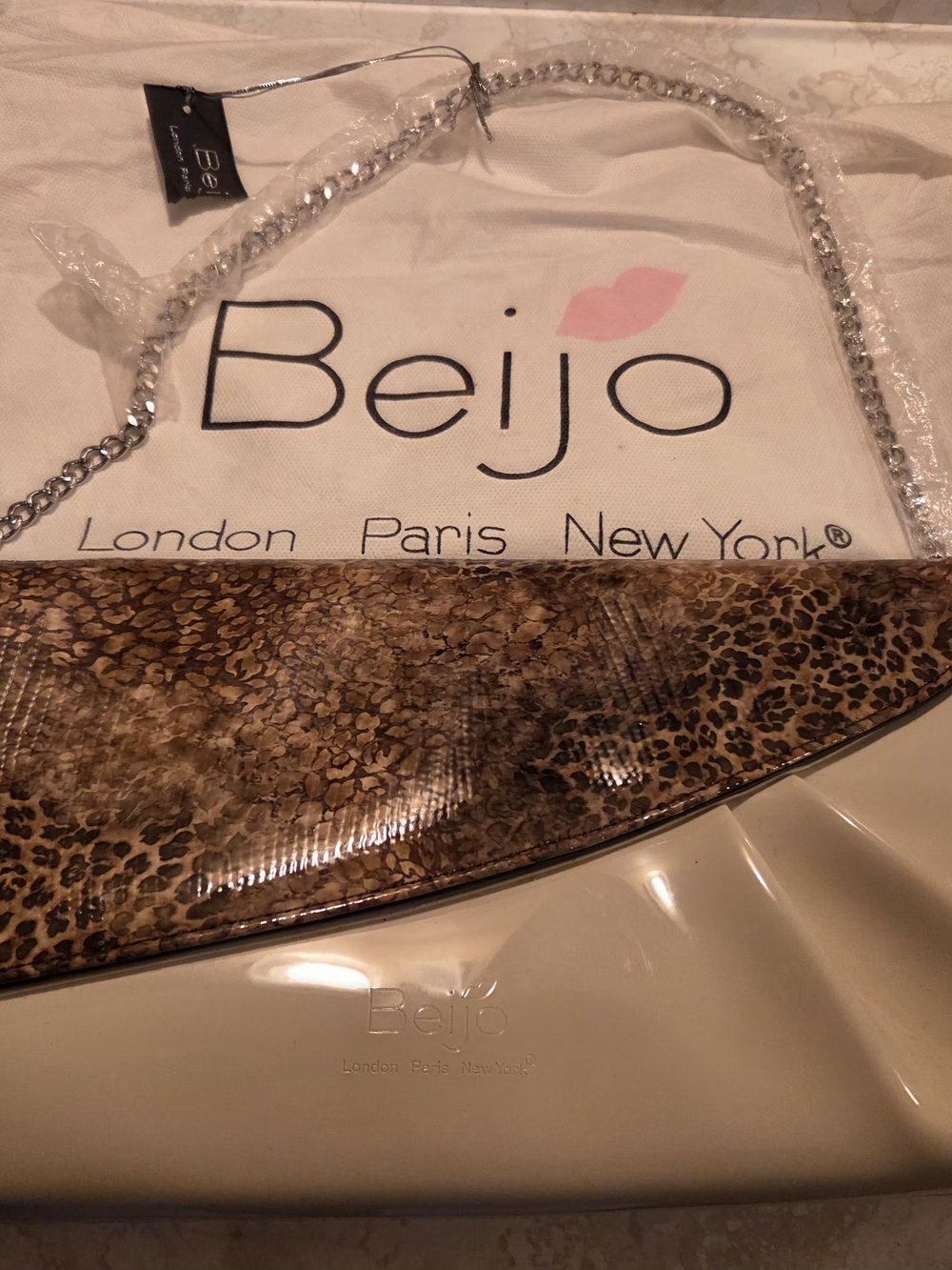 Beijo Beige Shoulder Bag with Brown Leopard Accent and Silver Chain